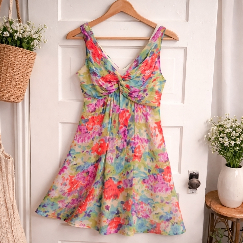 Dressbarn Watercolor Floral Fit & Flare Dress Size 10 Twist Front Sleeveless